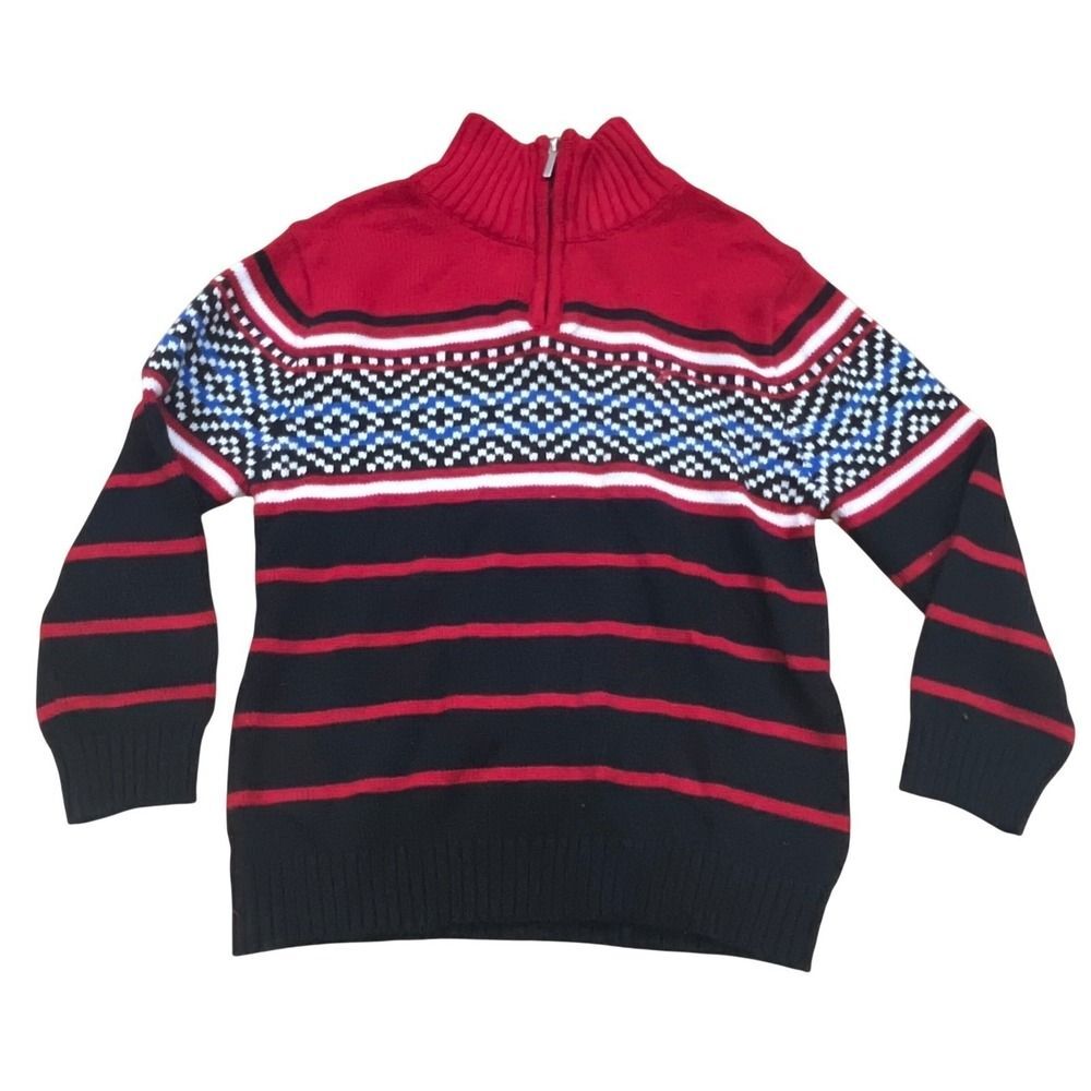 Nautica Kids Red Navy Striped Fair Isle Quarter Zip Cotton Sweater 4T